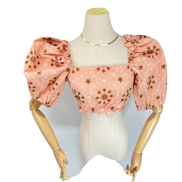 Zara XS Womens Embroidered Cropped Top  Puff Sleeve Floral Coral Peach  - Picture 15 of 15